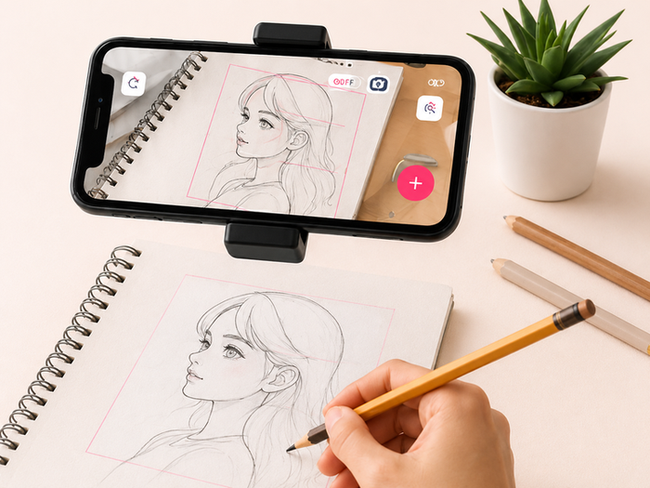 Phone projecting a portrait drawing onto sketch paper
