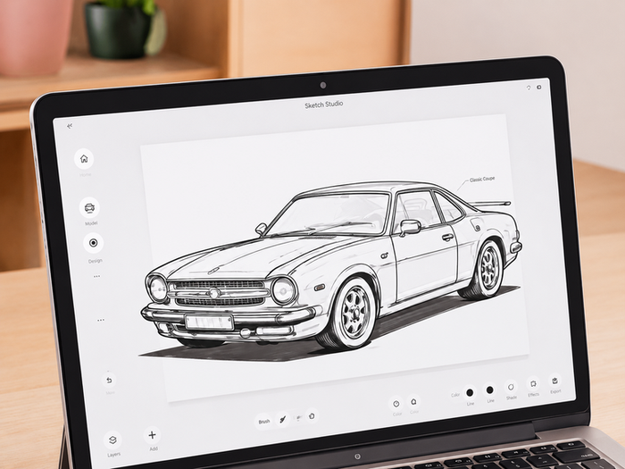 Laptop with car line drawing